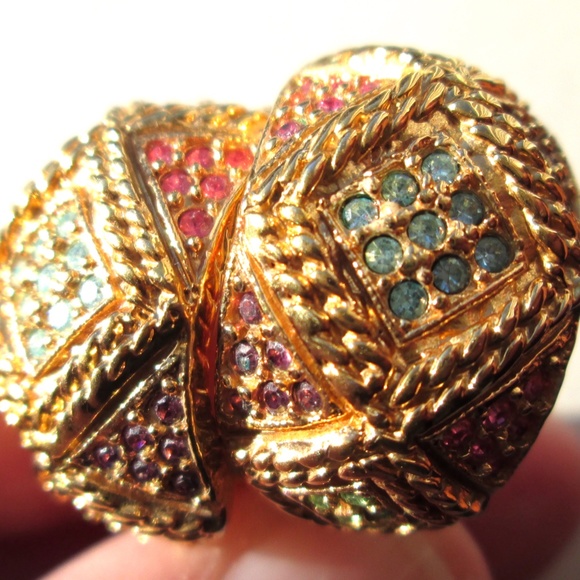 ✨ D'ORLAN 22K Gold Plated Pastel Multicolour Swarovski Crystal Half Hoops Signed - Picture 6 of 15